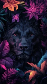 Midnight wolf glows amid neon jungle blooms in silence.