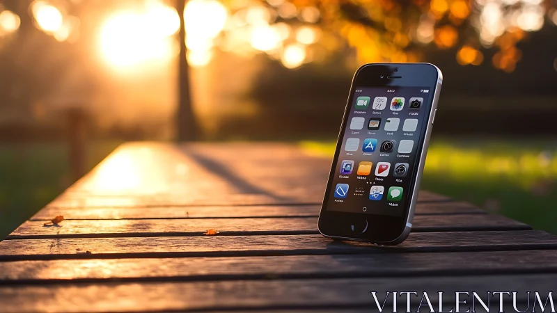Smartphone rests on wooden deck as sunset paints the sky golden.