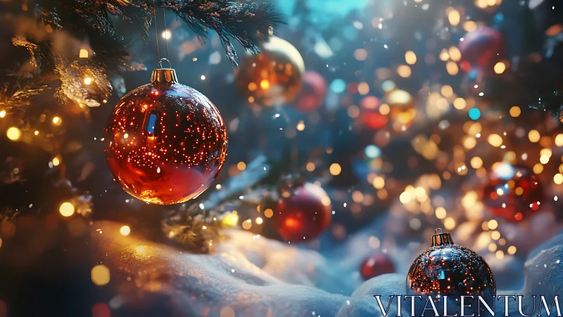 Glowing red bauble reflects snowy Christmas lights at dusk