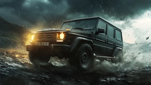 Off-road SUV powers through stormy mountain mud terrain.