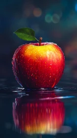 Juicy red apple glowing softly above shimmering water.