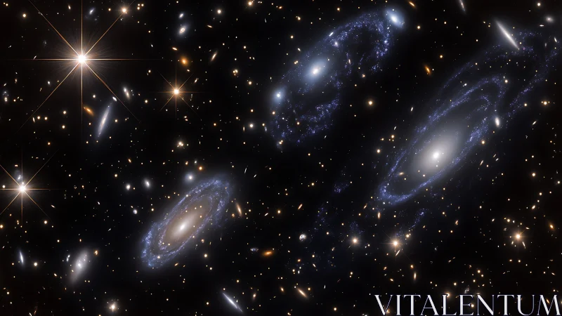 Spiral galaxy triplet amid dense gravitational lensing field.