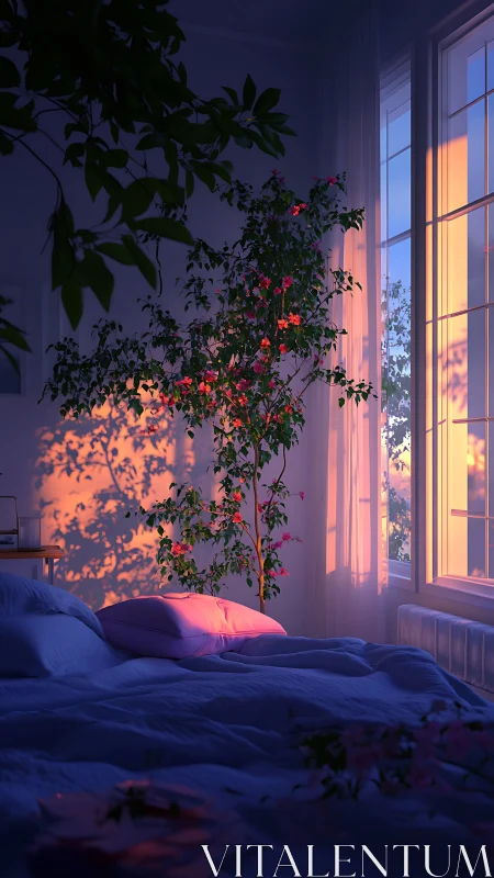 Sunlit bedroom interior with soft dusk foliage glow.