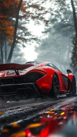 Red supercar cuts through rainy forest road in vivid motion
