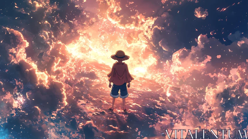 Lone anime figure stands on glowing cloud sea at sunset.