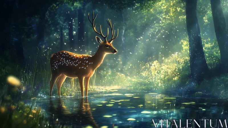 Stag in luminous forest glade beside reflective stream at dawn.