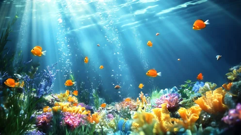 Coral reef scene with volumetric caustic lighting and vivid fish swarm