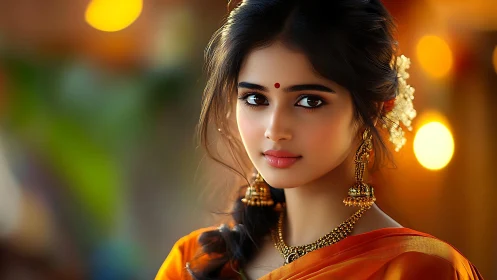 Digital portrait in traditional Indian attire at dusk.