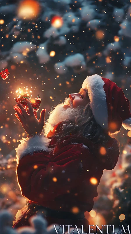 Snowlit Santa marveling at glowing Christmas ornaments.