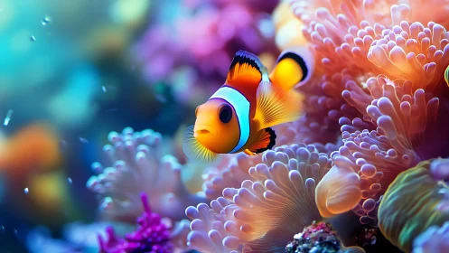 Clownfish amid luminous sea anemones in saturated macro reef