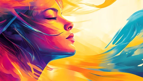 Vibrant chromatic portrait merges wind-swept motion and light