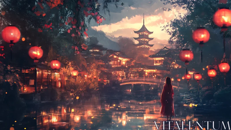 Lantern-lit river city glows beneath tranquil sunset sky.
