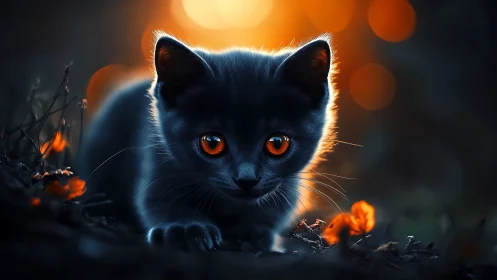 Black cat with orange eyes amid amber-lit bokeh.