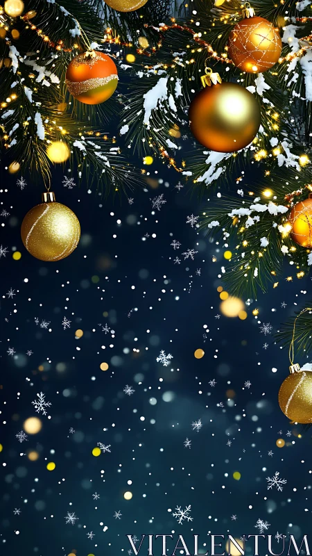 Gold ornaments on snowy fir branches with falling snow.