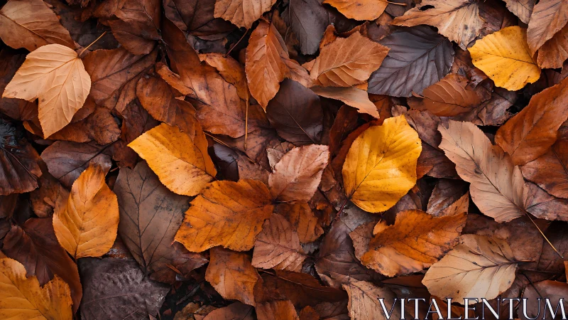 Colorful autumn leaves forming dense forest floor pattern.