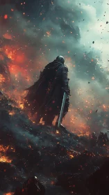 Last ember-knight prowls a crumbling volcanic battlefield.