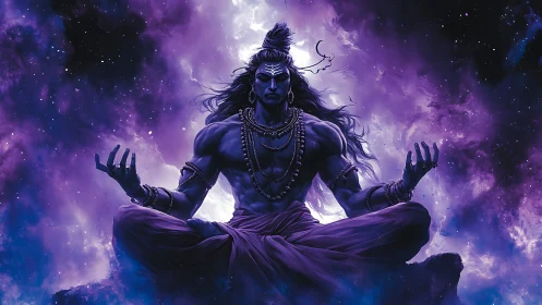 Cosmic meditating deity under swirling violet nebula.