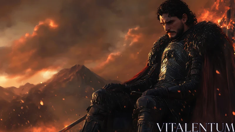 Brooding armored warrior resting before burning mountains.