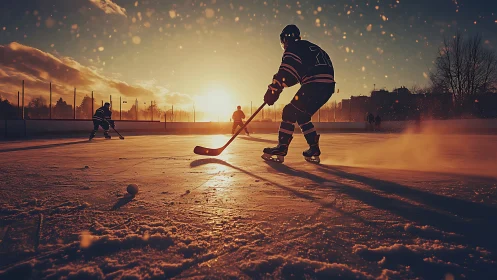 Backlit outdoor hockey game captures dynamic motion and ice detail
