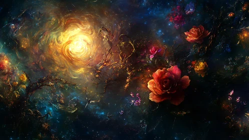 Galactic nebula swirling around vivid cosmic roses.