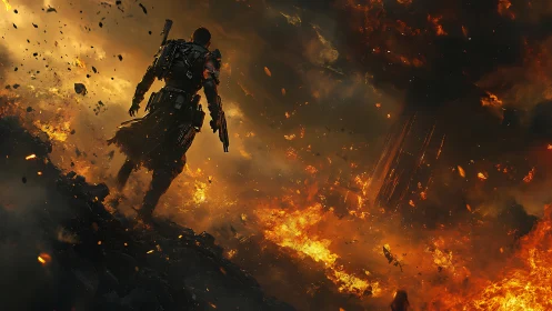 Armored soldier advancing through burning battlefield landscape.