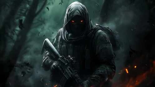 Hooded tactical soldier with glowing eyes in burning forest.