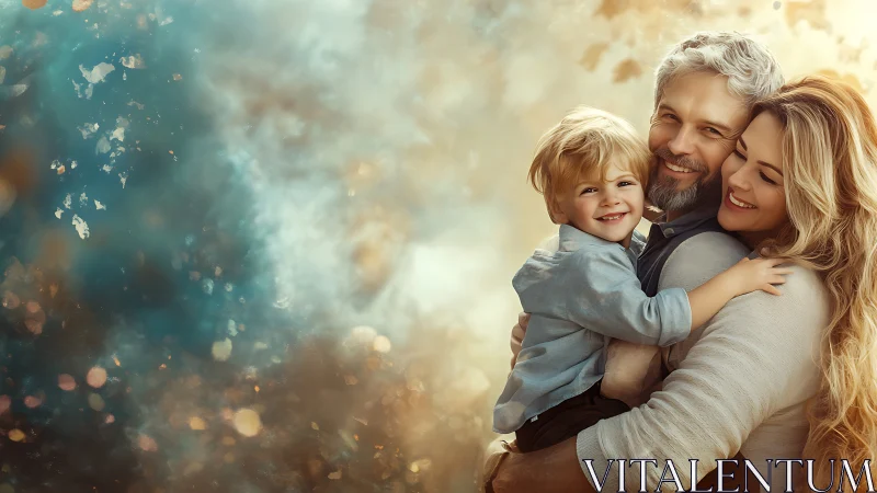 Three-figure family portrait demonstrating atmospheric lighting with bokeh particle effects and warm