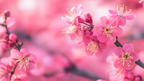 Pink Cherry Blossoms in Bloom. Macro Floral Study.