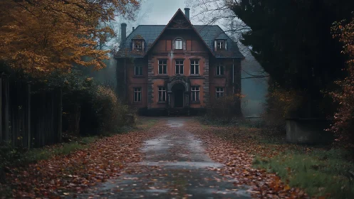 Old brick mansion on tree-lined path in late autumn fog.