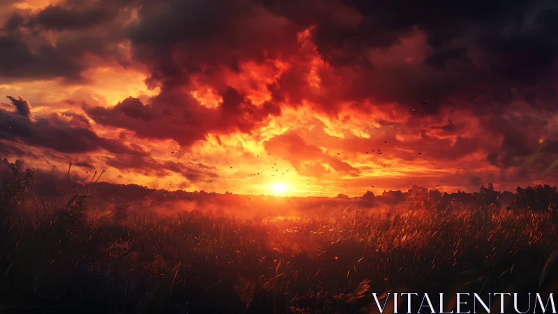 Solar flare sunset ignites storm-laden clouds over meadow