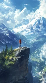 Hiker standing on cliff edge facing distant snowy peaks.