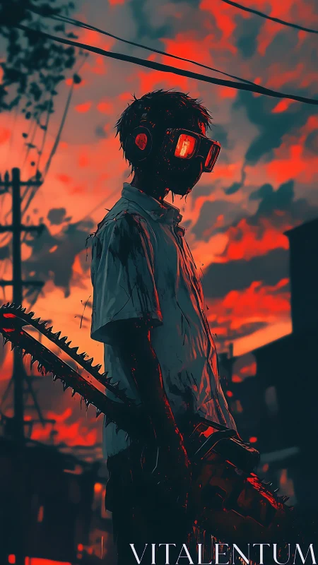 Blood-soaked chainsaw wielder stands in neon dusk haze