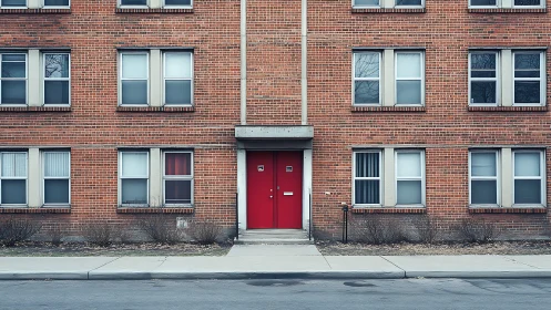Symmetrical red entrance punctuates mid-century brick facade