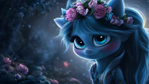 Blue fantasy creature with flower crown in moonlit forest.