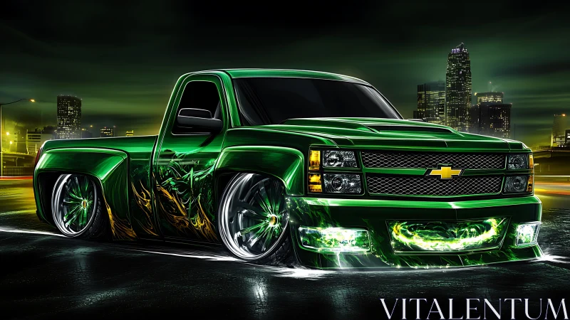 Green custom Chevy truck in neon city night scene.