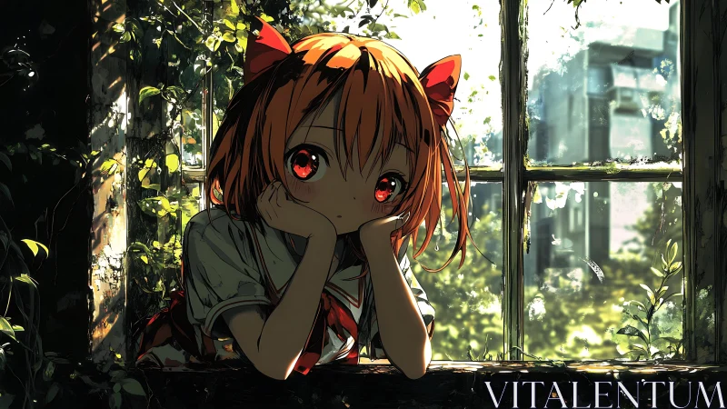 Daydreaming red‑eyed girl at ivy window between worlds.