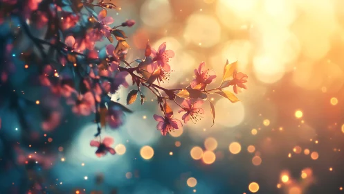 Flowering branch with bokeh light particles in warm and cool color palette.