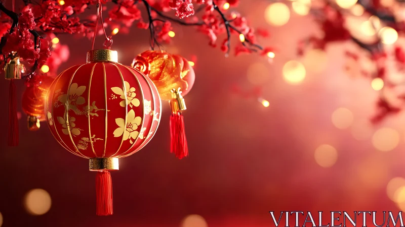 Blossom-lit red lanterns humming in soft lunar new year dusk.