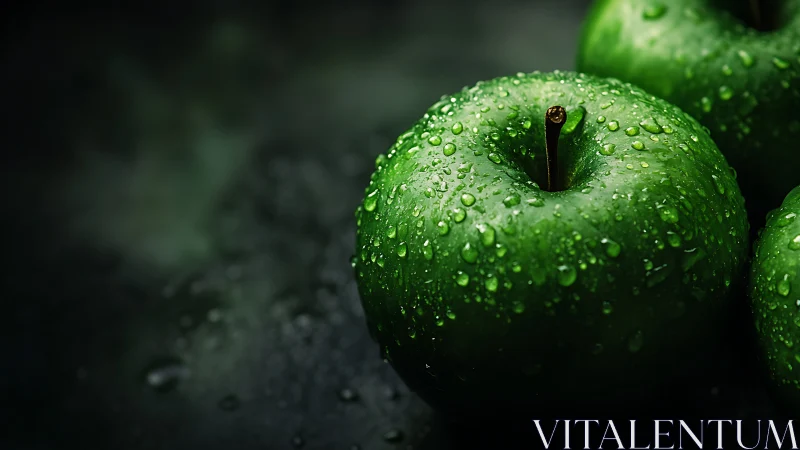 Rain-kissed green apples glowing on a moody dark stage.