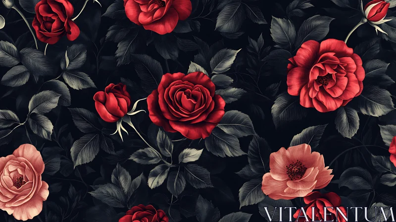 Red roses and pink peonies on dark botanical background pattern.