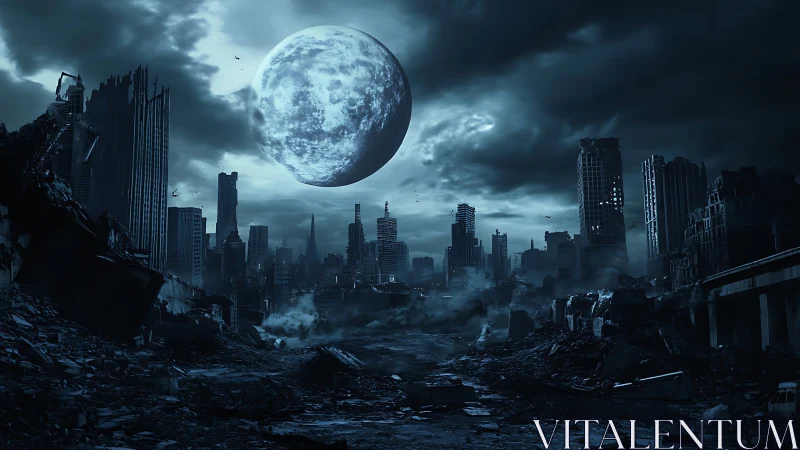 Ruined city skyline under oversized full moon at night.