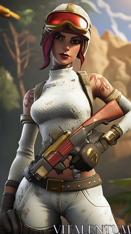 Desert huntress locks target with sunlit rifle resolve.