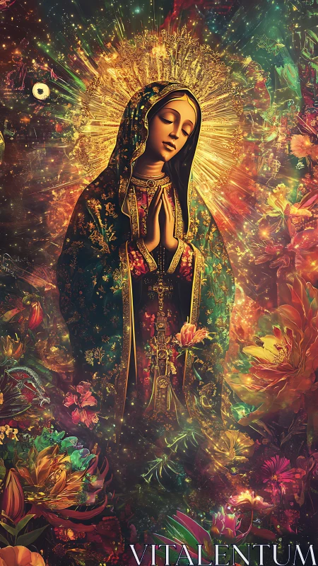 Radiant robed Madonna amid cosmic florals and golden halo.