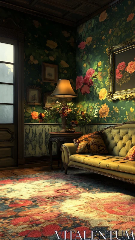 Vintage floral sitting room with lamp, sofa, and rug.
