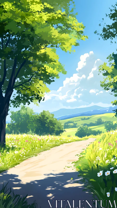 Digital painting of sunlit country path with layered foliage.
