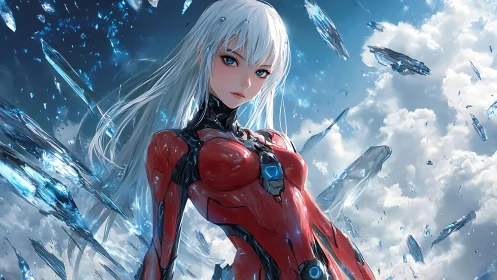 Cybernetic heroine in scarlet exosuit amid crystalline skyfield.