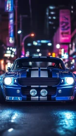 Blue muscle car with racing stripes parked on neon city street