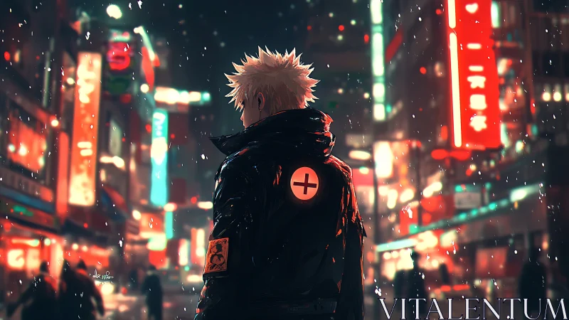 Mystery wanderer in neon city streets on a soft snowy night.