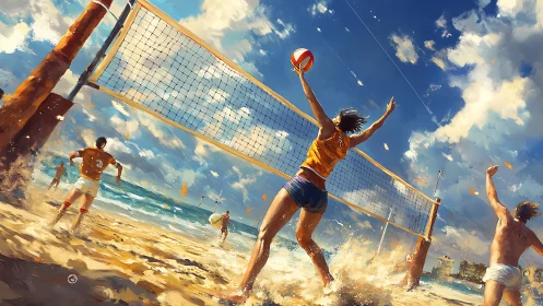 Dynamic beach volleyball match under vivid blue sky.