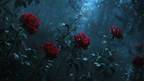 Deep Red Roses Blooming in Twilight.